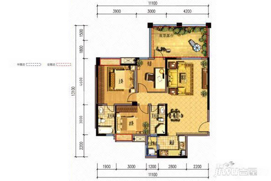 成都合院公园里3室2厅2卫104㎡户型图