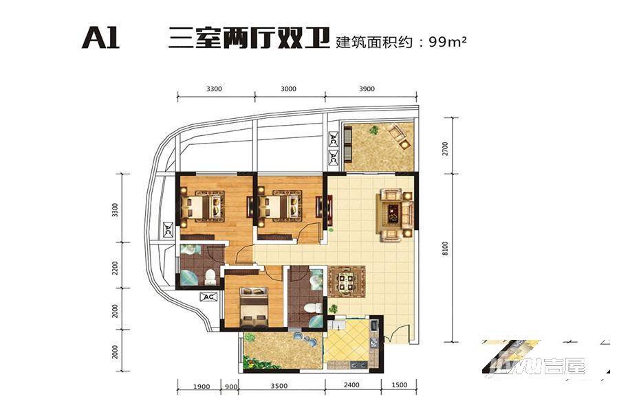 红树湾3室2厅2卫99㎡户型图