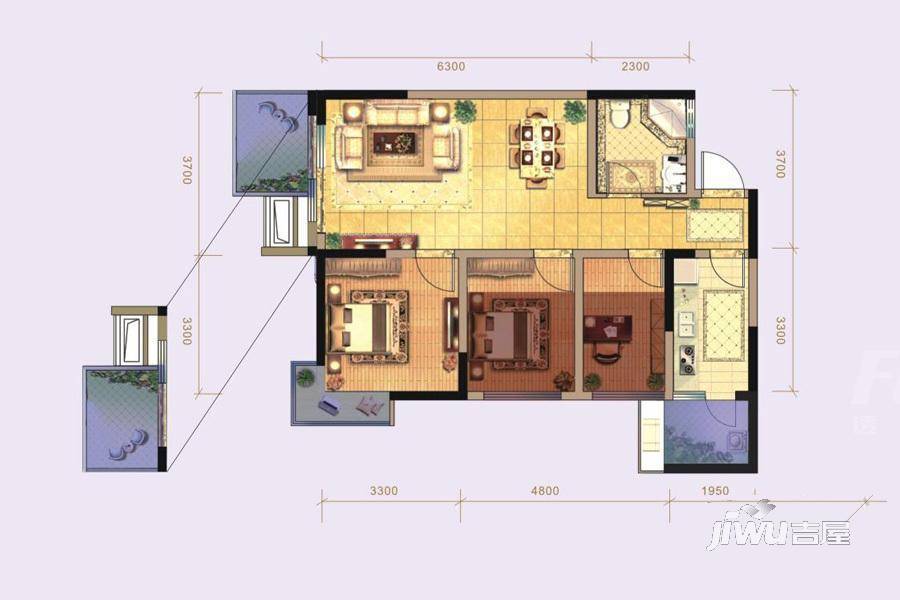 千禧河畔国际社区商铺3室2厅1卫77.1㎡户型图