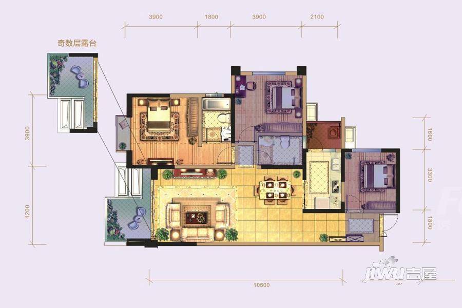 千禧河畔国际社区商铺3室2厅2卫88.1㎡户型图