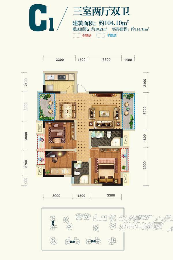 东韵雅园3室2厅2卫104.1㎡户型图