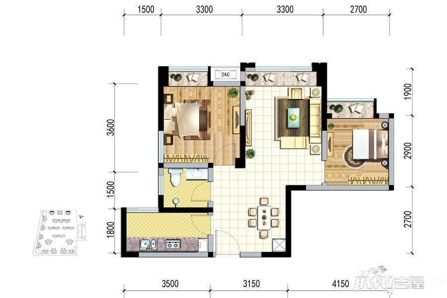绿岛筑2室2厅1卫63㎡户型图