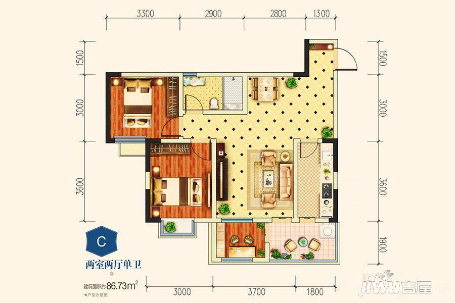 一品雅居2室2厅1卫86.7㎡户型图