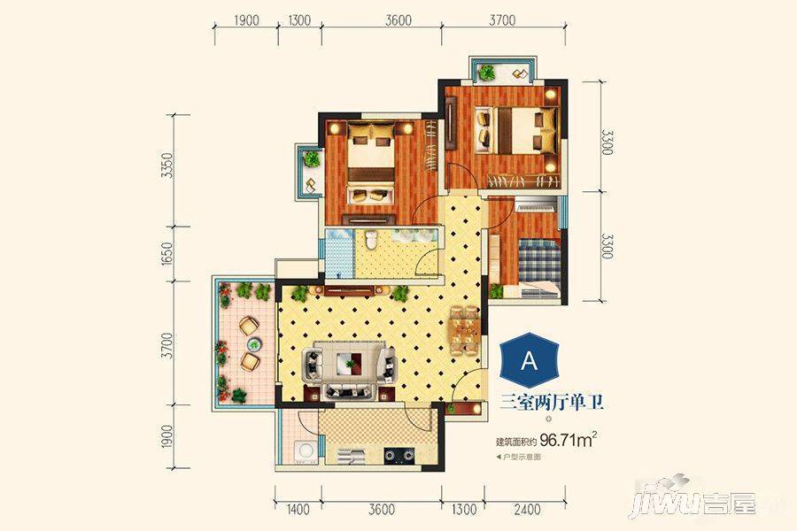 一品雅居3室2厅1卫96.7㎡户型图