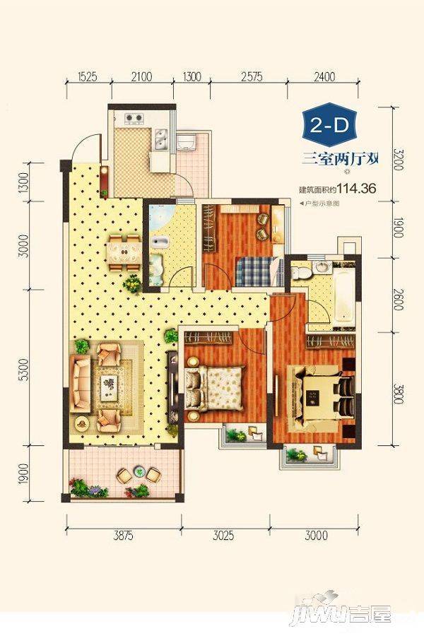 一品雅居3室2厅2卫114.4㎡户型图