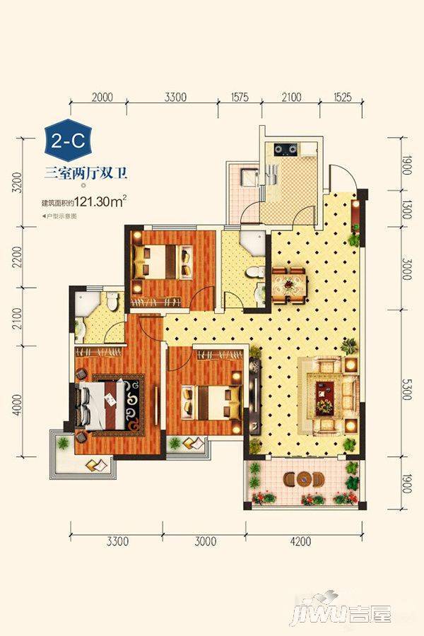 一品雅居3室2厅2卫121.3㎡户型图