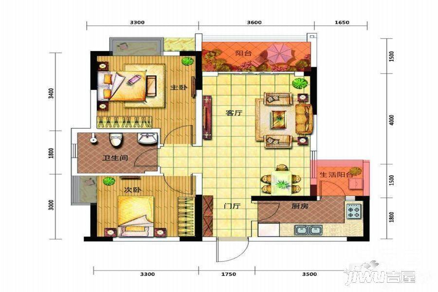 家益凤凰富居2室2厅1卫77㎡户型图