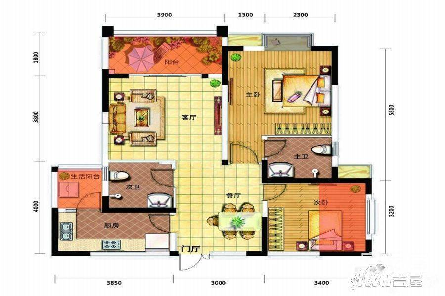 家益凤凰富居2室2厅2卫88㎡户型图