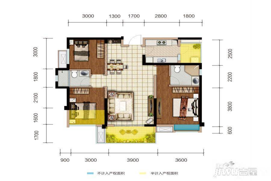 绿地悦蓉公馆商铺3室2厅1卫107.3㎡户型图