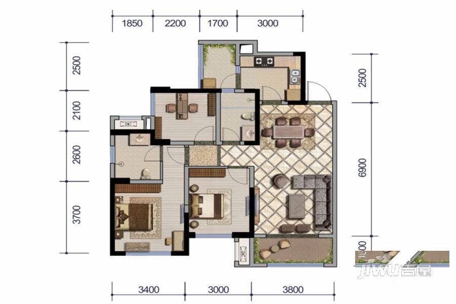 鲁能城3室2厅2卫97㎡户型图