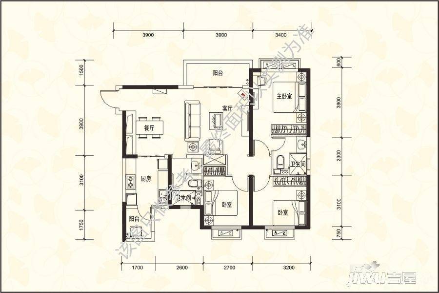 成都恒大名城3室2厅2卫114㎡户型图