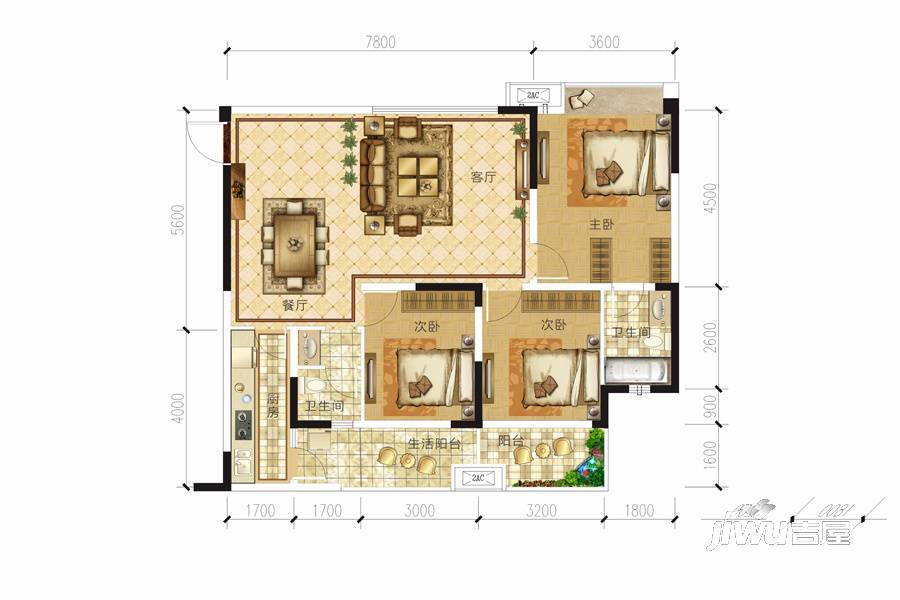 中心城3室2厅2卫114.8㎡户型图