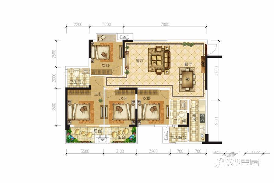 中心城4室2厅2卫127.7㎡户型图