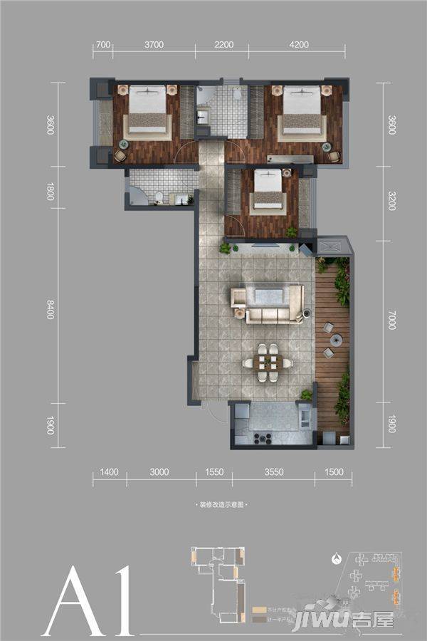 融创观玺台3室2厅2卫124㎡户型图