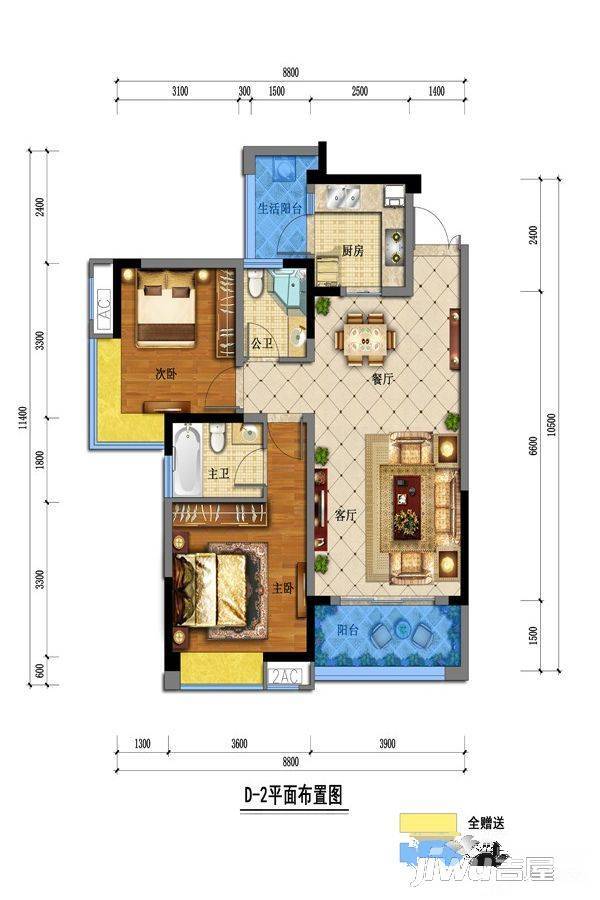 南城滨河湾2室2厅2卫90㎡户型图