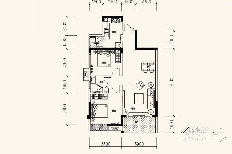 恒大天府半岛2室2厅1卫93㎡户型图