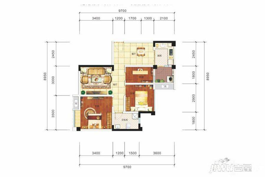 远大林语城八栋洋楼3室2厅1卫69.8㎡户型图