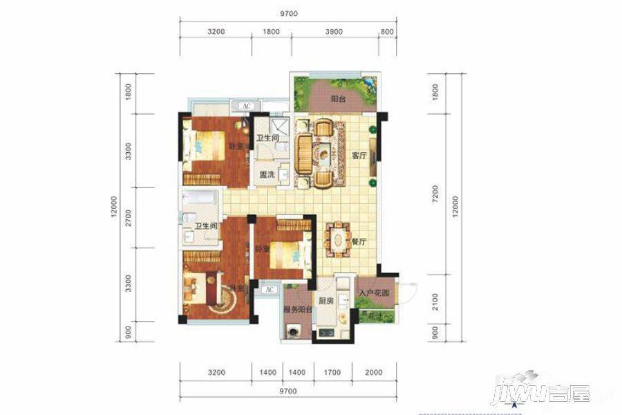 远大林语城八栋洋楼3室2厅2卫99㎡户型图