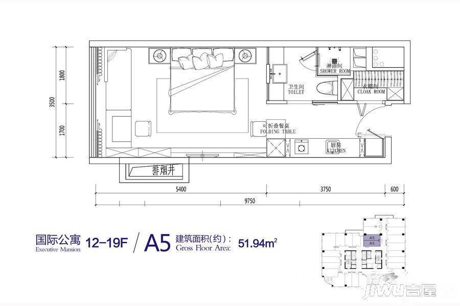 港泰通航大厦1室1厅1卫51.9㎡户型图