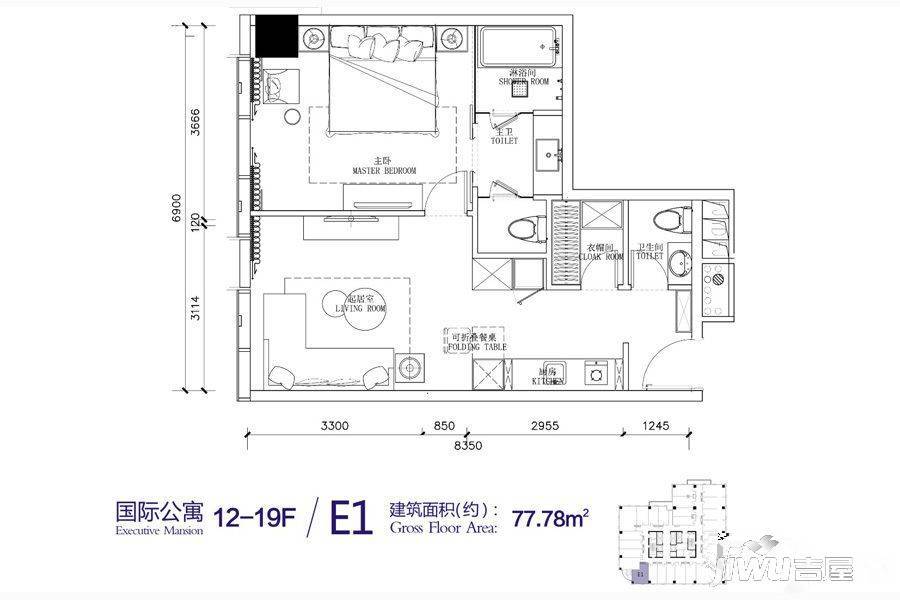 港泰通航大厦1室1厅2卫77.8㎡户型图