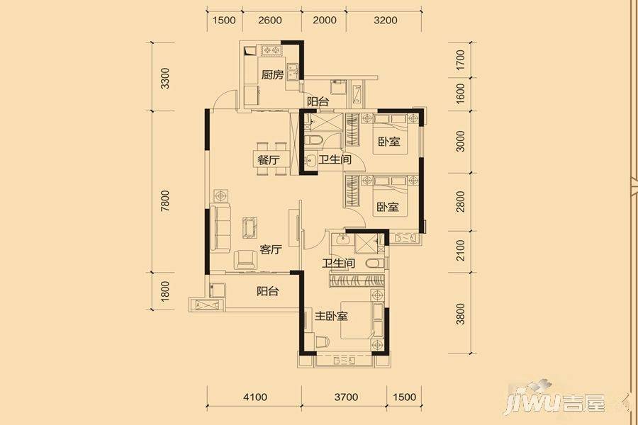 恒大御景3室2厅2卫123.3㎡户型图