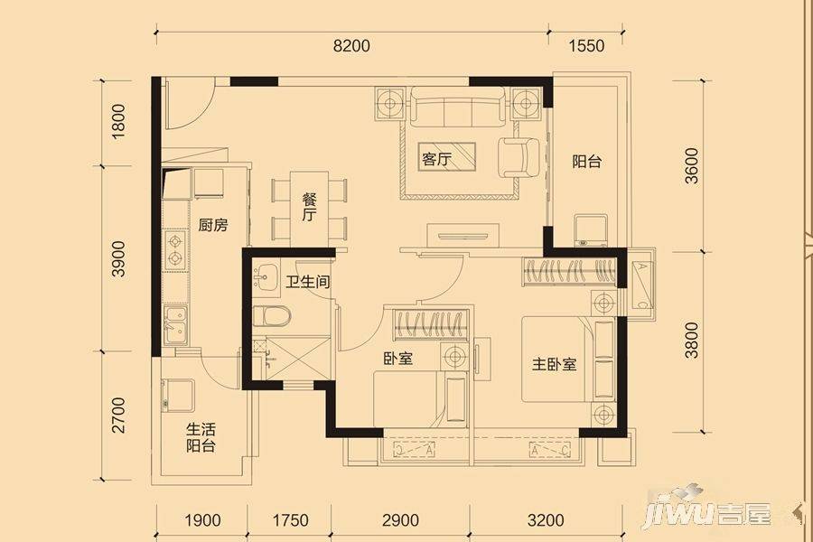 恒大御景2室2厅1卫86.3㎡户型图