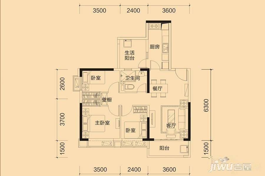 恒大御景3室2厅1卫96.9㎡户型图