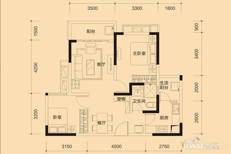 恒大御景2室2厅1卫85.4㎡户型图