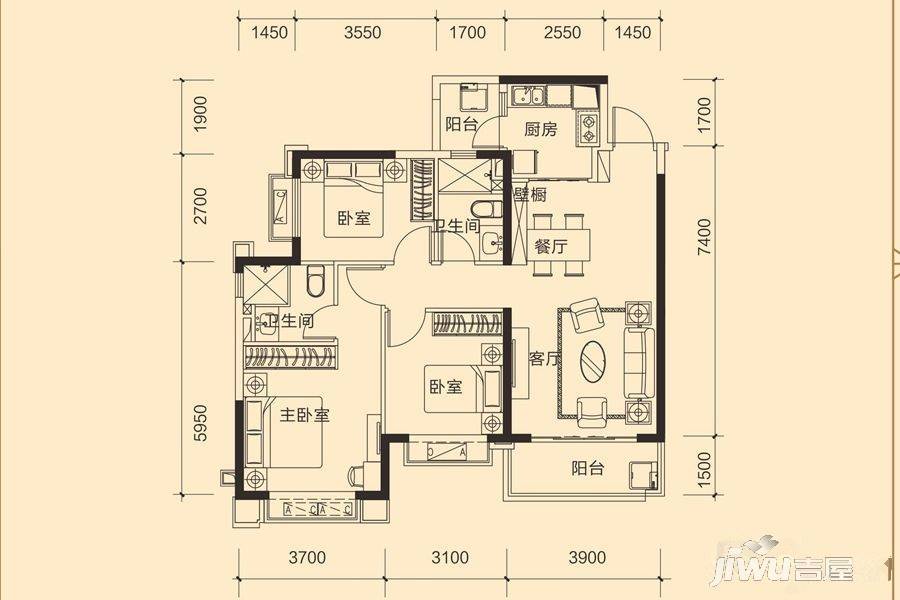 恒大御景3室2厅2卫109.2㎡户型图