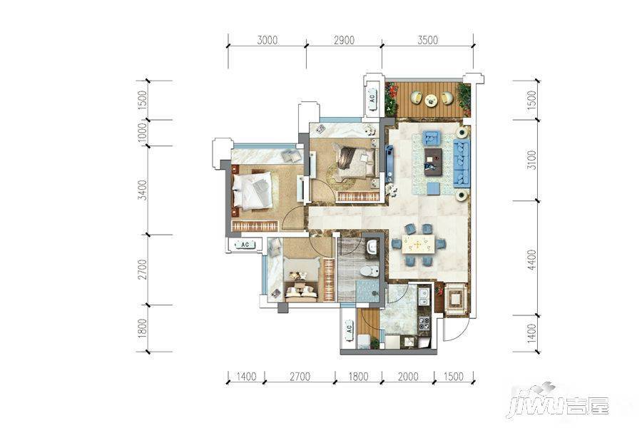 金科天宸商铺3室2厅1卫79㎡户型图