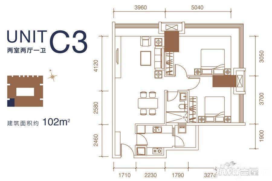 成都ICC天峻2室2厅1卫102㎡户型图