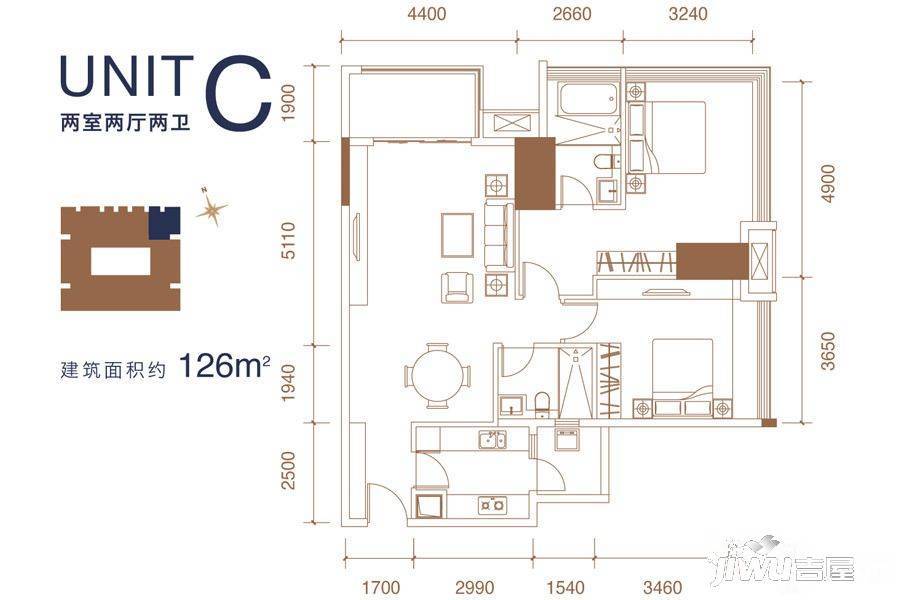 成都ICC天峻2室2厅2卫126㎡户型图