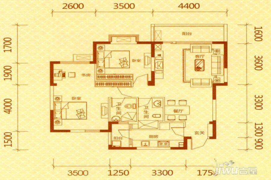 天际首府2室2厅2卫95㎡户型图