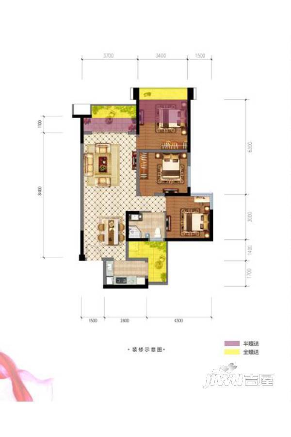 万锦城3室2厅1卫84.9㎡户型图