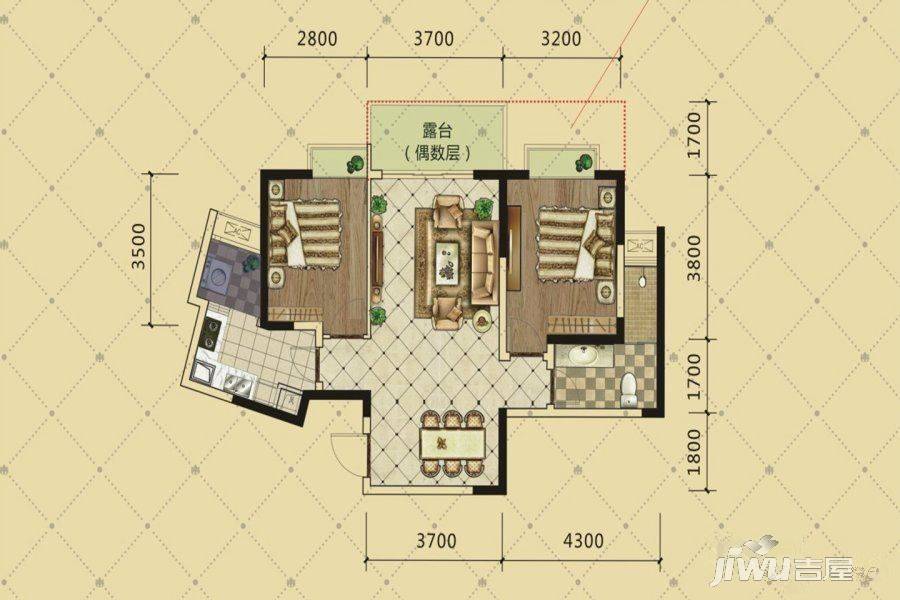 富豪公馆2室2厅1卫88.3㎡户型图