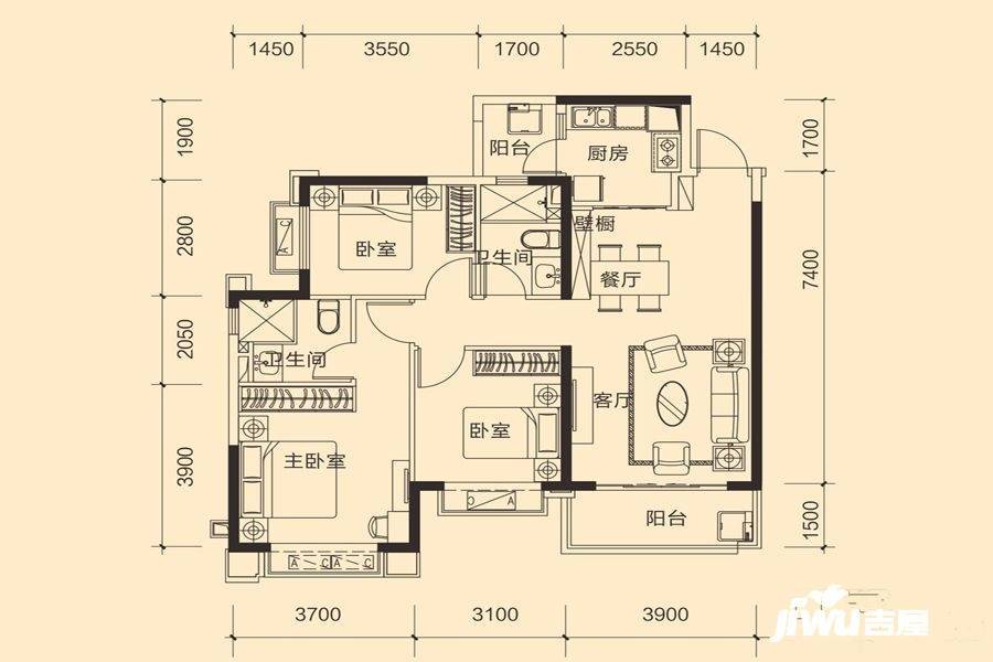 恒大御景3室2厅2卫109.2㎡户型图