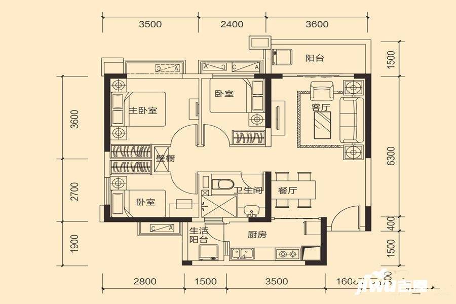 恒大御景3室2厅1卫89.9㎡户型图