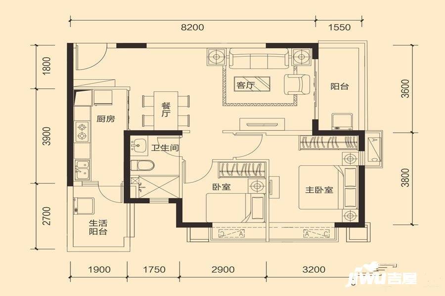 恒大御景2室2厅1卫86.3㎡户型图