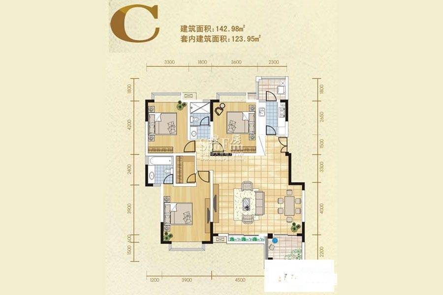 美好家园3室2厅2卫143㎡户型图