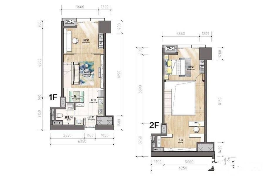 瑞安中心3室2厅1卫61.2㎡户型图