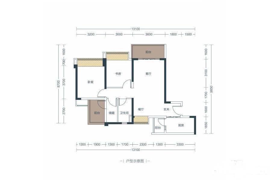 中洲里程3室2厅1卫90㎡户型图