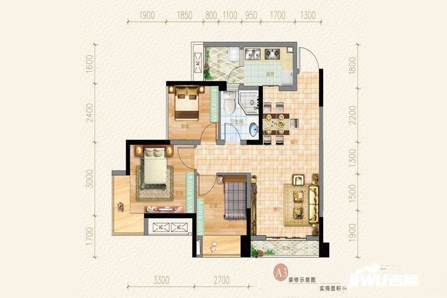 香悦城悦公馆3室2厅1卫73.4㎡户型图