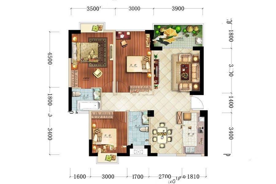 凤凰1号3室2厅2卫105.3㎡户型图