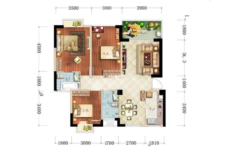 凤凰1号3室2厅2卫105.3㎡户型图