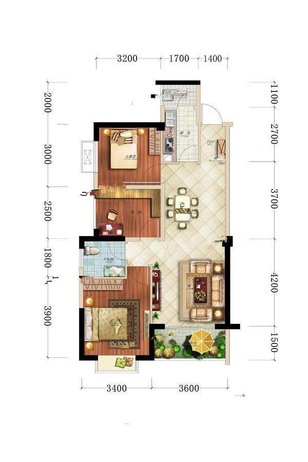 凤凰1号3室2厅1卫86㎡户型图