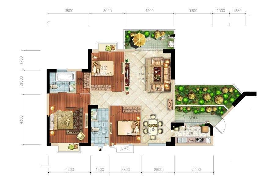 凤凰1号3室2厅1卫115.2㎡户型图