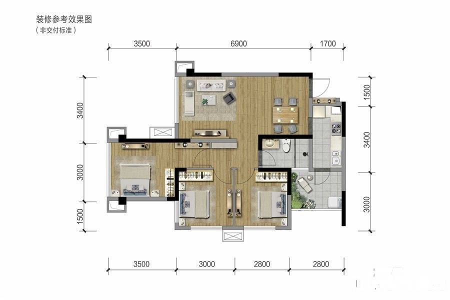 朗诗未来家商业3室2厅1卫74㎡户型图