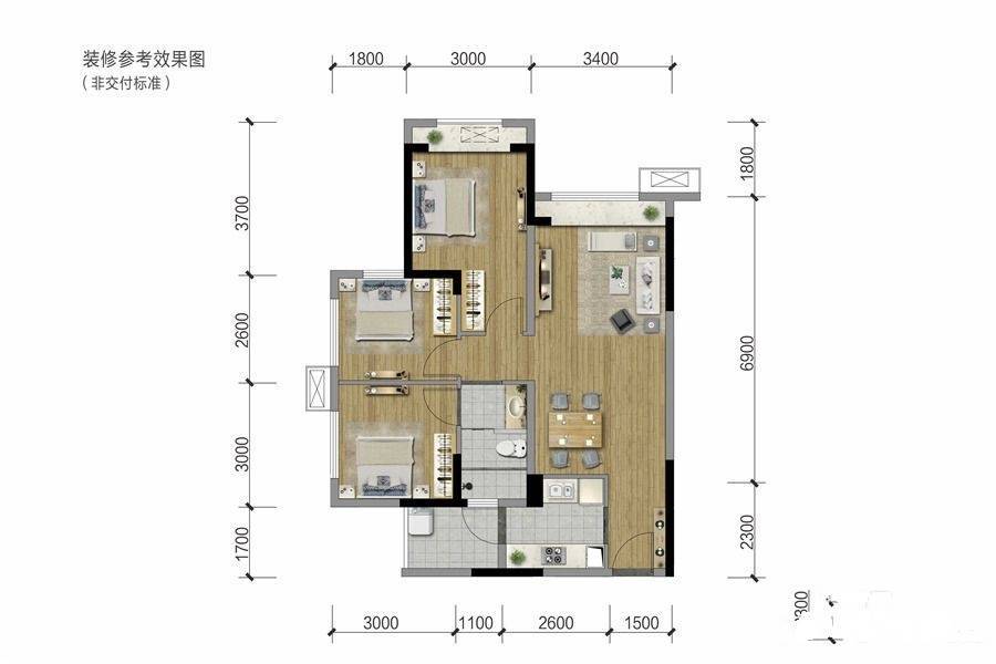 朗诗未来家商业3室2厅1卫78㎡户型图