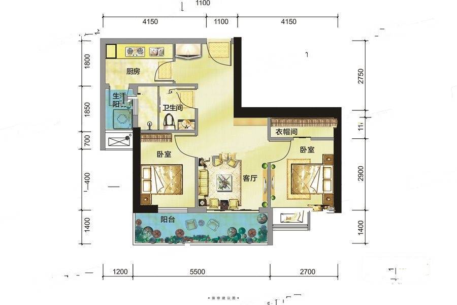 朗基城少公馆2室1厅1卫65㎡户型图