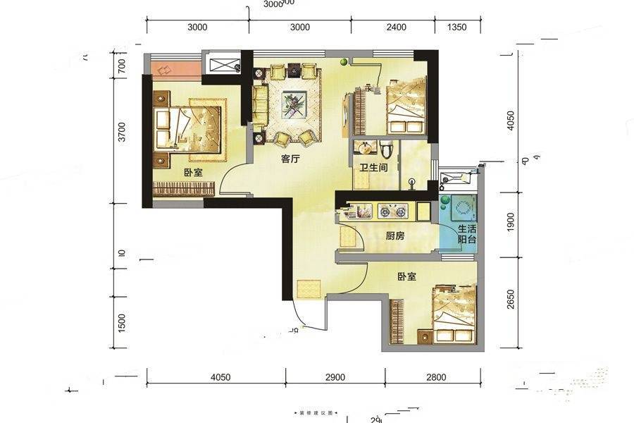 朗基城少公馆3室1厅1卫69㎡户型图